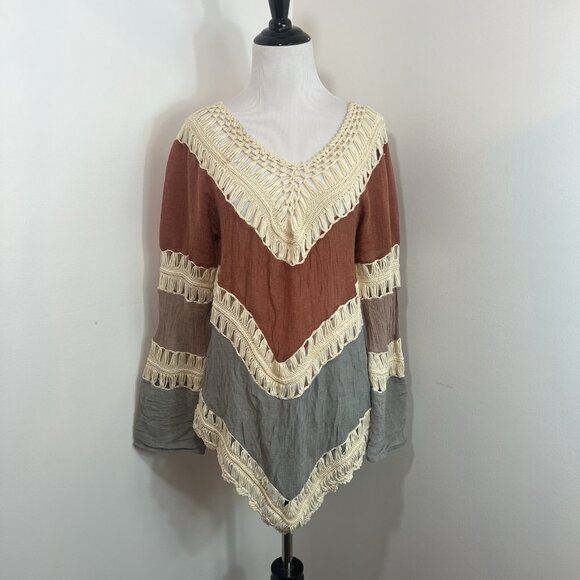 Crochet Tunic Top Shirt Sz M 100% Cotton Boho Color Block Long Slv Flowy Western - Picture 4 of 14
